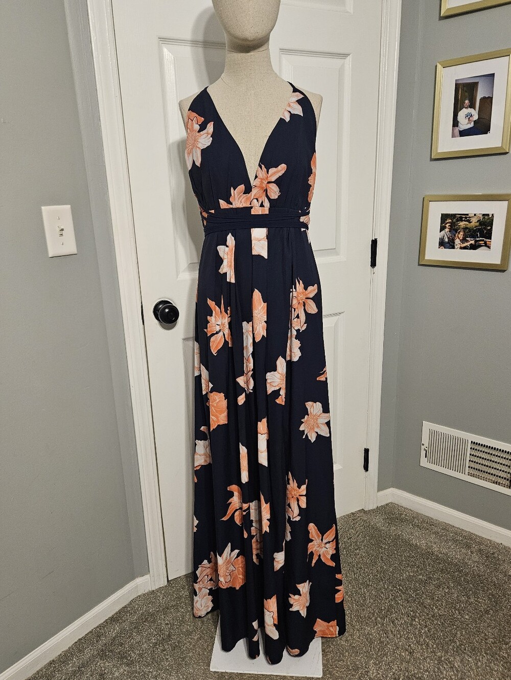 Hello Molly Navy Maxi Dress with Coral Floral Print